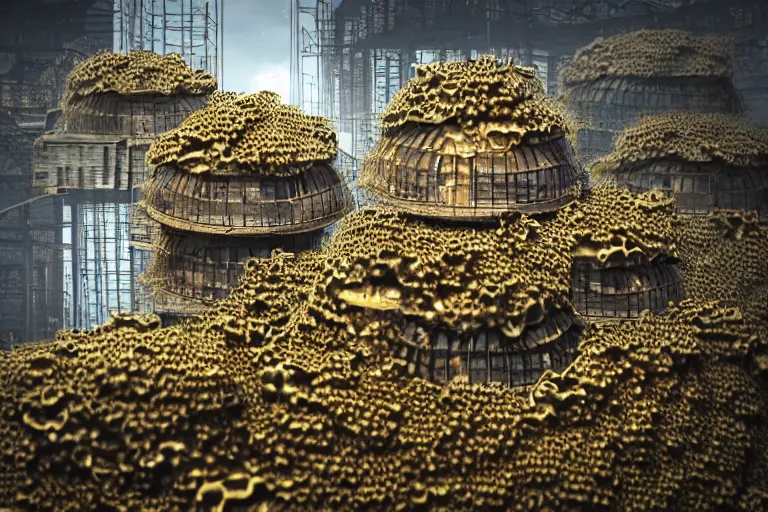 Image similar to favela jellyfish honeybee hive, wooded environment, industrial factory, horror, award winning art, epic dreamlike fantasy landscape, ultra realistic,