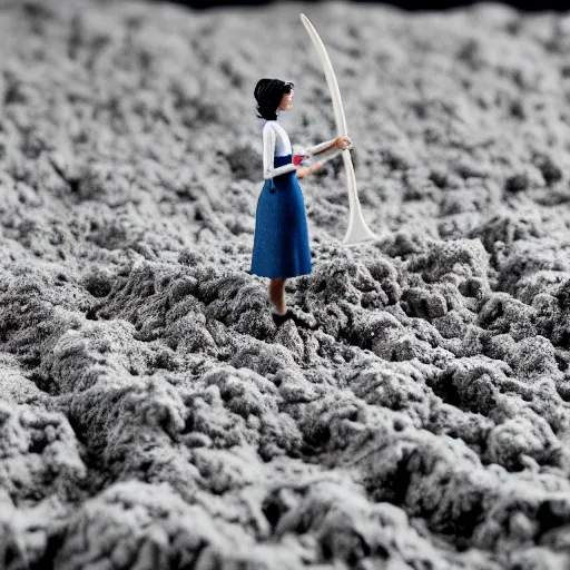 Image similar to a cinematic film still of a claymation stop motion film starring anne hathaway as female farmer with pitchfork, shallow depth of field, 8 0 mm, f 1. 8