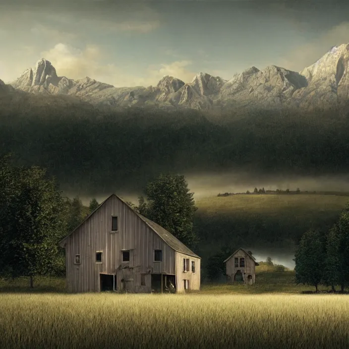 Prompt: a house in a field with mountains in the background, a matte painting by gregory crewdson, behance contest winner, american scene painting, matte painting, concept art, movie still