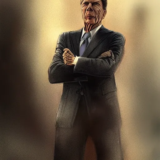 Image similar to gay ronald reagan, smooth, focus, highly detailed, hyper realistic, dramatic lighting, intricate, concept art, art by wlop, mars ravelo