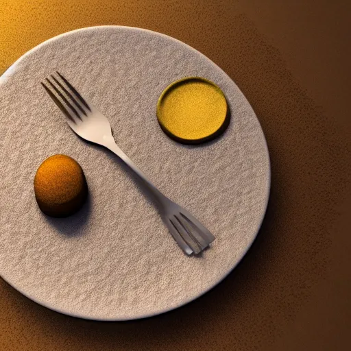 Image similar to a hyperdetailed fork made of sand, 3 d render, ultra high detail, octane render, rtx, hdr, the fork has a sand texture, the fork is on a plate, the plate is on a wooden table.