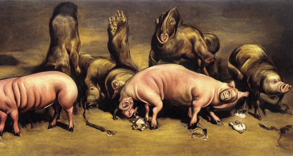 Prompt: trading pigs for swine by salvador dali and goya