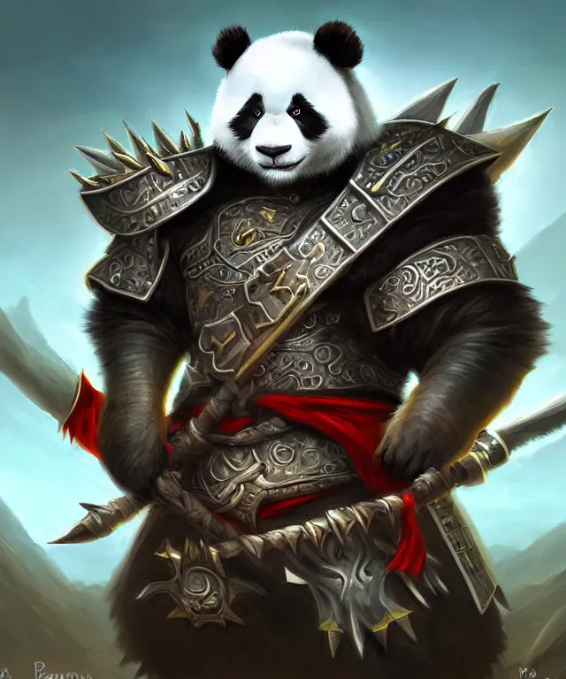 Image similar to a closeup portrait an anthropomorphic panda samurai, wearing armor with spiked shoulders, landscape in background, dnd character art portrait, world of warcraft style, by peter mohrbacher, cinematic lighting