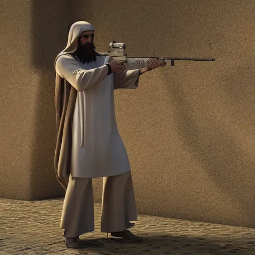 Image similar to jesus shooting a lmg, 3 d render, octane ray tracing, ultra high resolution, ultra detailed, photorealistic, medieval mossaic