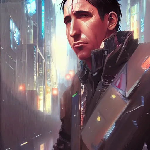 Image similar to An anime portrait of Trent Reznor in a cyberpunk setting, by Stanley Artgerm Lau, WLOP, Rossdraws, James Jean, Andrei Riabovitchev, Marc Simonetti, and Sakimichan, tranding on artstation