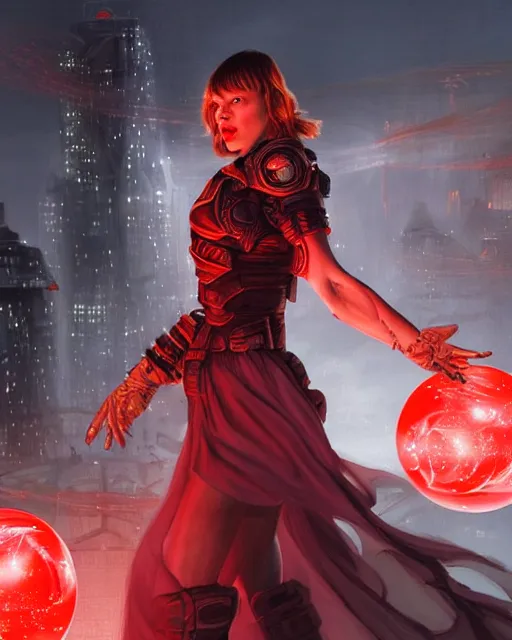 Image similar to Milla Jovovich surrounded by a red force field bubble and levitating high in the air above a destroyed dystopian city by night, shot from behind, ultra-wide angle, D&D, fantasy, intricate, elegant, highly detailed, digital painting, artstation, concept art, matte, sharp focus, illustration, hearthstone, art by Artgerm and Greg Rutkowski and Alphonse Mucha