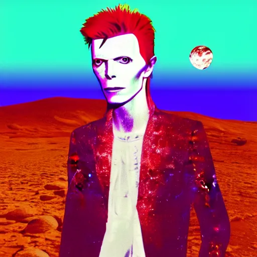 Prompt: glitch art of David Bowie on Mars. Vaporwave style.