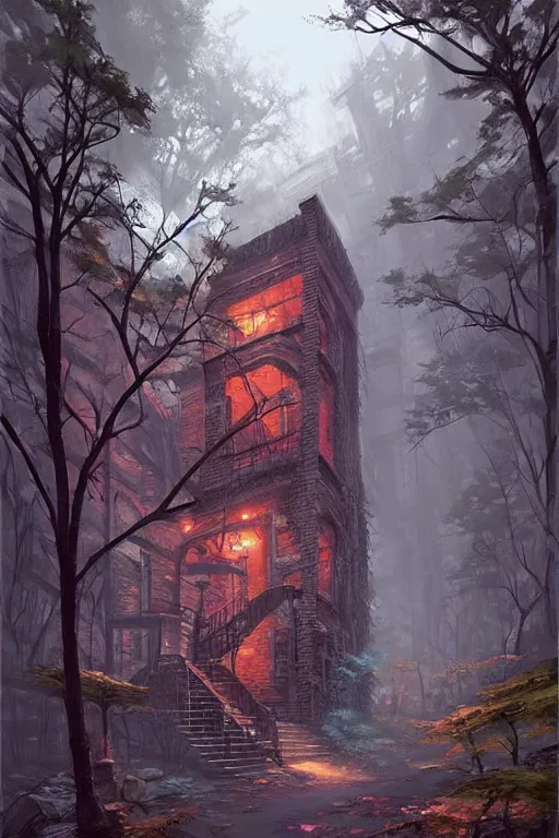 Image similar to (((((a ramshackle manhattan brick brownstone deep in the forest))))) by Andreas Rocha!!!!!!!!!!!!!!!!!!!!!!!!!!!