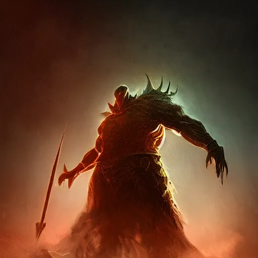 Image similar to mysterious rykard giant boss, elden ring, realism, ambient lights, bokeh,