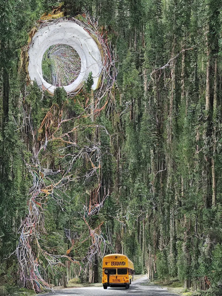 Prompt: a white school bus in the forest driving through a portal, hyper-detailed, digital art, artist Bev Dolittle