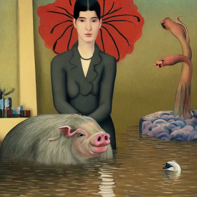 Image similar to tall female emo artist holding a pig in her flooded apartment, mushrooms, octopus, water gushing from ceiling, painting of flood waters inside an artist's apartment, a river flooding indoors, pomegranates, pigs, ikebana, zen, river, rapids, waterfall, black swans, canoe, berries, acrylic on canvas, surrealist, by magritte and monet