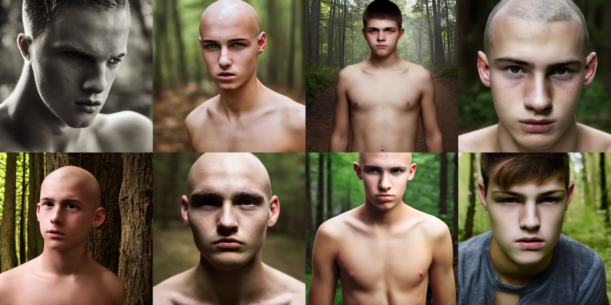 Prompt: portrait, male teenager, bald, shirtless, dark shaped eyes, walking in forest, detailed face, realistic photo.