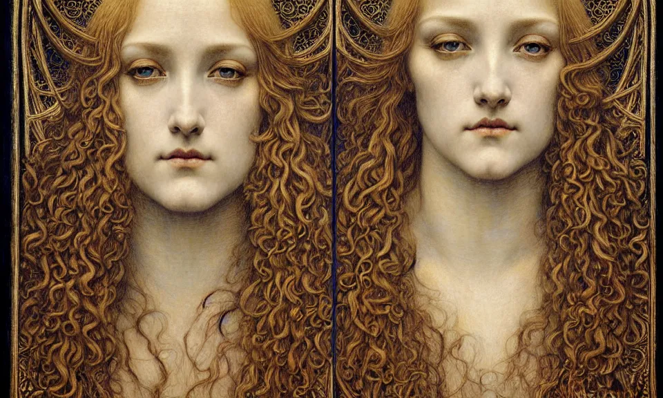 Image similar to detailed realistic beautiful young medieval queen face portrait by jean delville, gustave dore and marco mazzoni, art nouveau, symbolist, visionary, gothic, pre - raphaelite. horizontal symmetry