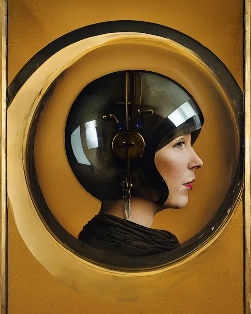Prompt: a woman's face in profile, wearing a glass space helmet with brass controls and a cloak, in the style of the dutch masters and gregory crewdson, dark and moody