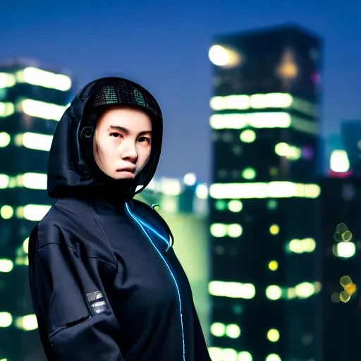 Prompt: photographic portrait of a techwear woman, closeup, on the rooftop of a futuristic city at night, sigma 85mm f/1.4, 4k, depth of field, high resolution, full color