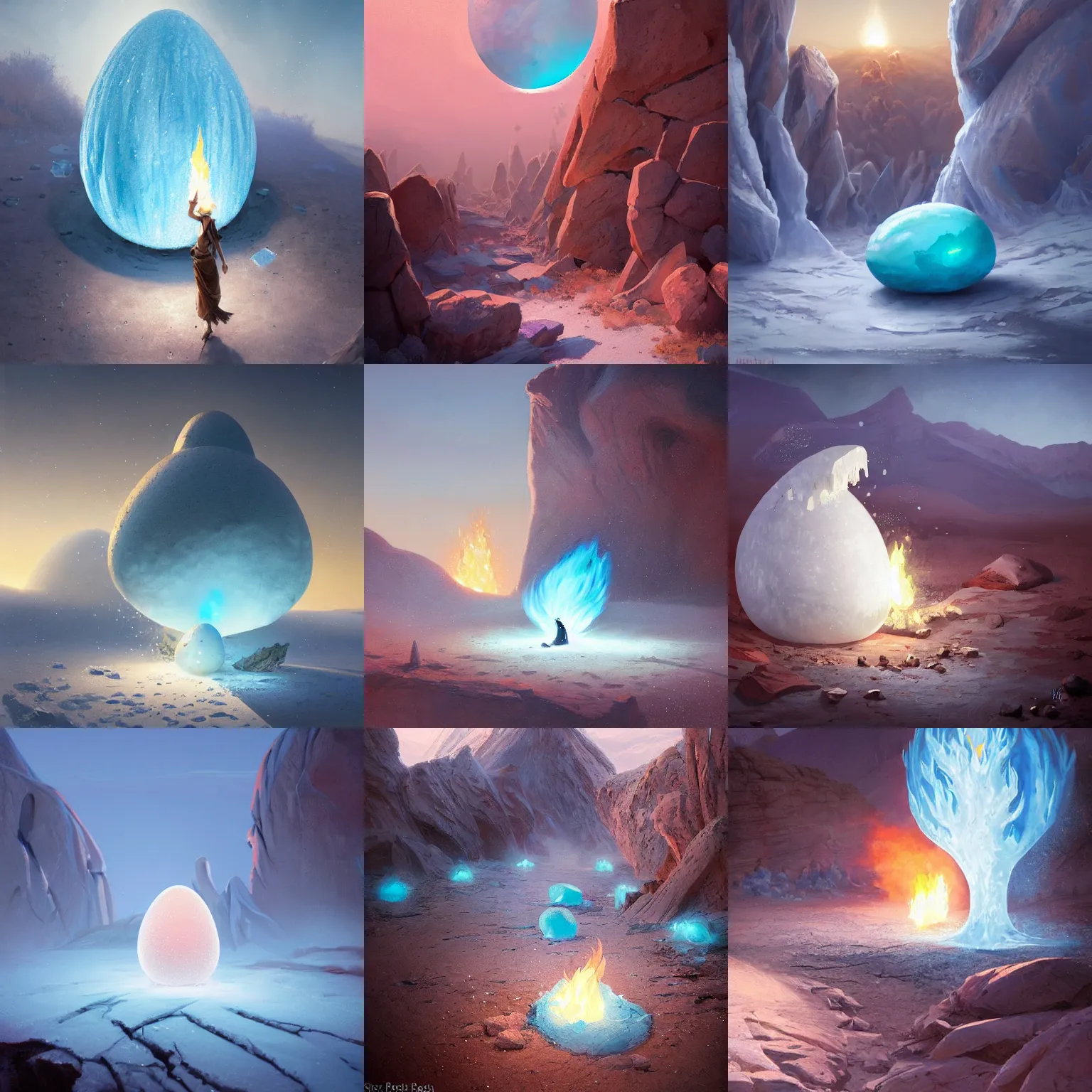 Prompt: icy crystall as a magical egg emitting frosty blue fire, desert around, peter morbacher style, greg rutkowski