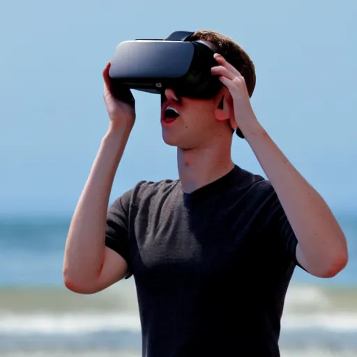 Prompt: mark zuckerberg wearing a vr headset on the beach