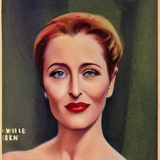 Prompt: “Gillian Anderson portrait, color vintage magazine illustration 1950”