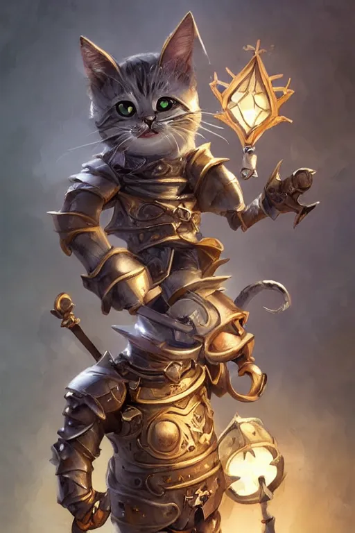 Image similar to cute little anthropomorphic cat knight wearing a cape and a crown, tiny, small, miniature cat , baby animal, short, pale blue armor, cute and adorable, pretty, beautiful, DnD character art portrait, matte fantasy painting, DeviantArt Artstation, by Jason Felix by Steve Argyle by Tyler Jacobson by Peter Mohrbacher, cinematic lighting