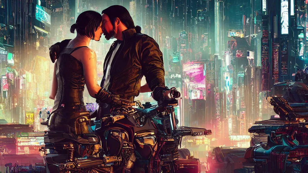 Prompt: a cyberpunk 2077 srcreenshot couple portrait of Keanu Reeves and a female android final kiss in night city,love,film lighting,by Lawrence Alma-Tadema,Andrei Riabovitchev,Laurie Greasley,Dan Mumford,John Wick,Speed,Replicas,artstation,deviantart,FAN ART,full of color,Digital painting,face enhance,highly detailed,8K,octane,golden ratio,cinematic lighting