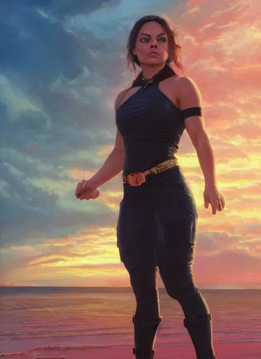 Image similar to Mila Kunis wearing black choker, epic portrait of a very strong muscled Amazon heroine, sun beams across sky, pink golden hour, stormy coast, intricate, elegance, highly detailed, shallow depth of field, epic vista, concept art, art by Artgerm and Donato Giancola, Joseph Christian Leyendecker