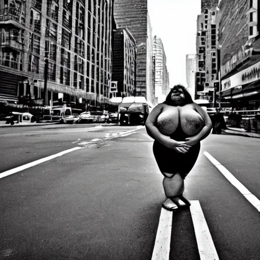 Image similar to morbid obesity, new york, candid, bokeh, wide angle