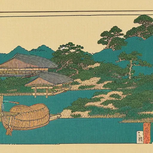 Prompt: village by a lake, 8k, ultra detailed, Ukiyo-e style by Katsushika Hokusai