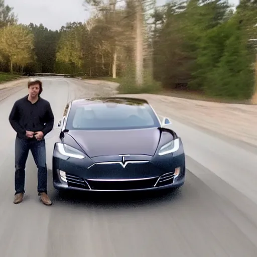 Prompt: photo realistic, tom cruise smiling driving his tesla, high quality