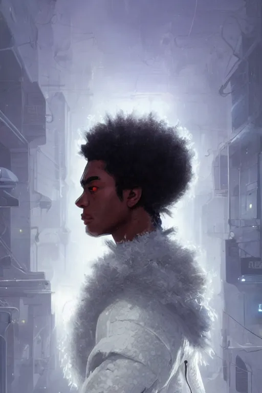 Prompt: ultra realistic illustration, black man with hightop afro, snowy, cold, volumetric lighting, hacknaut cyberpunk, sci - fi, fantasy, intricate, elegant, highly detailed, digital painting, artstation, concept art, smooth, sharp focus, illustration, art by artgerm and greg rutkowski and alphonse mucha