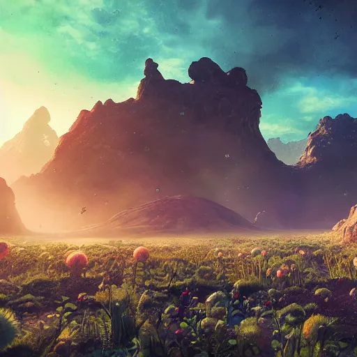 Image similar to landscape of an alien planet, beautiful, atmosphere, vibe, mist, esotic flowers, strange animals, alien plants, concept art illustration, color page, tone mapping, volumetric lighting, sunbeams, particles