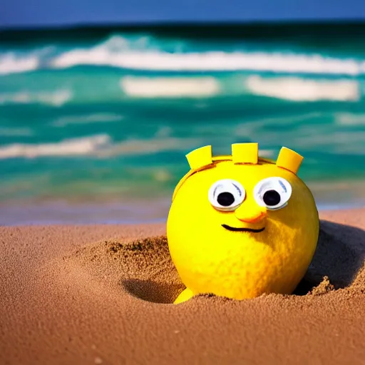 Image similar to 5 0 mm photograph, of a real anthropomorphic lemon character, with lemon skin texture, it is wearing a hat and scuba diving, building a sandcastle on the beach at sunset, beach, huge waves, sun, clouds, tropical trees, rim light, cinematic photography, professional, sand, sandcastle, volumetric lightening