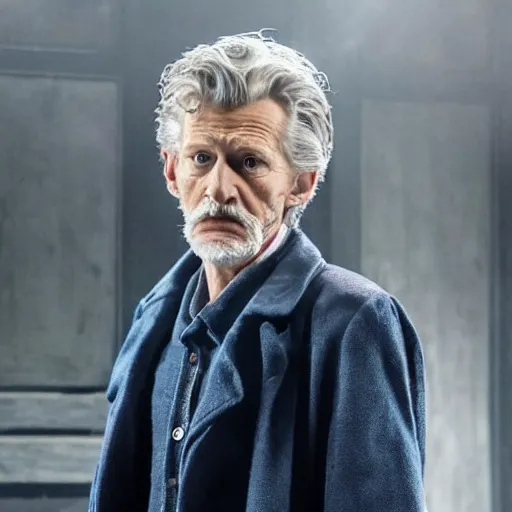 Image similar to tom holland as a rough dirty old man with a scruffy beard in a dark blue trenchcoat as the new doctor who, cinematic, volumetric lighting, f 8 aperture, cinematic eastman 5 3 8 4 film, photorealistic