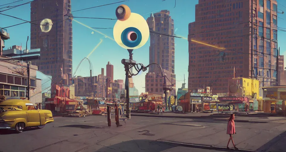 Image similar to A 1950s city scene with a GIANT LASER EYEBALL looming in the distance, rendered by simon stålenhag, rendered by Beeple, Makoto Shinkai, syd meade, environment concept, digital art, unreal engine, 3 point perspective, WLOP, trending on artstation, low level, 4K UHD image, octane render,