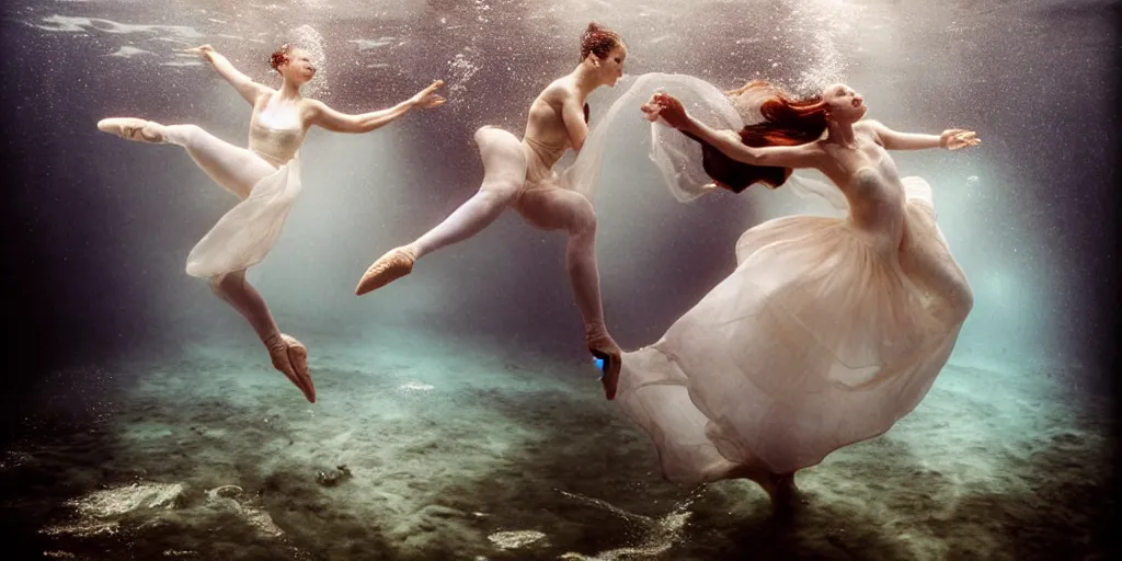 Image similar to underwater realistic photography of dancers with long gorgeous clothes , renaissance epic scene . Fluidity, elegance, beauty, water ocean cautic , ocean surface visible and water bubbles details rising up reaslitic undrwater background, high details. by CHRISTY LEE ROGERS
