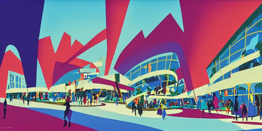 Prompt: modern mall, gouache, animated film, stylised, illustration, by eyvind earle, scott wills, genndy tartakovski, syd mead