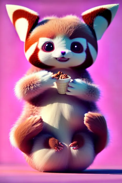 Image similar to high quality 3 d render hyperrealist very cute pastel fluffy! red panda & tarsier hybrid eating giant ice cream full body, vray smooth, in the style of detective pikachu, hannah yata charlie immer, very dramatic pink light, low angle, uhd 8 k, shallow depth or field