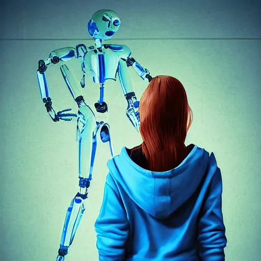 Image similar to girl in blue hoodie fighting against robots, dynamic, digital art