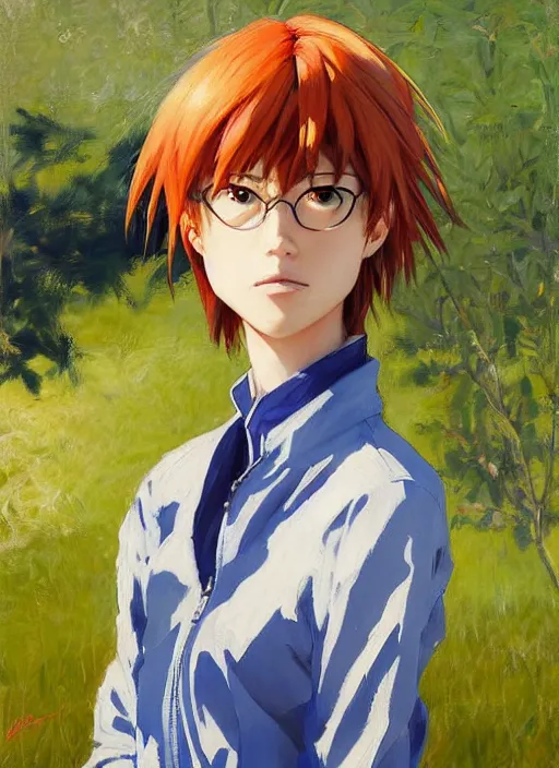 Prompt: portrait of Asuka Soryu Langley from Neon Genesis Evangelion, countryside, calm, fantasy character portrait, dynamic pose, above view, sunny day, thunder clouds in the sky, artwork by Jeremy Lipkin and Giuseppe Dangelico Pino and Michael Garmash and Rob Rey, very coherent asymmetrical artwork, sharp edges, perfect face, simple form, 100mm