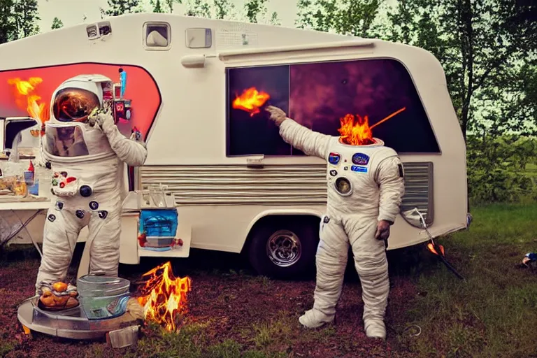 Image similar to redneck astronaut summer grillparty in trailer park, detailed, cinematic photo