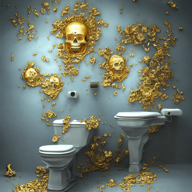 Image similar to A beautiful oil painting hyperrealism of a toilet made of marble stone, gold throne , grey beard, skull bones flowers, 8k resolution, octane render, Trending on artstation, by Gediminas Pranckevicius, volumetric light 2blue fractal Thunder glow by dan mumford, anaglyph effect, Laurie Lipton