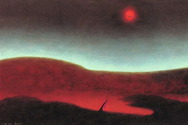 Prompt: a detailed landscape, demonic sky with glowing red snake eyes by Zdzisław Beksiński