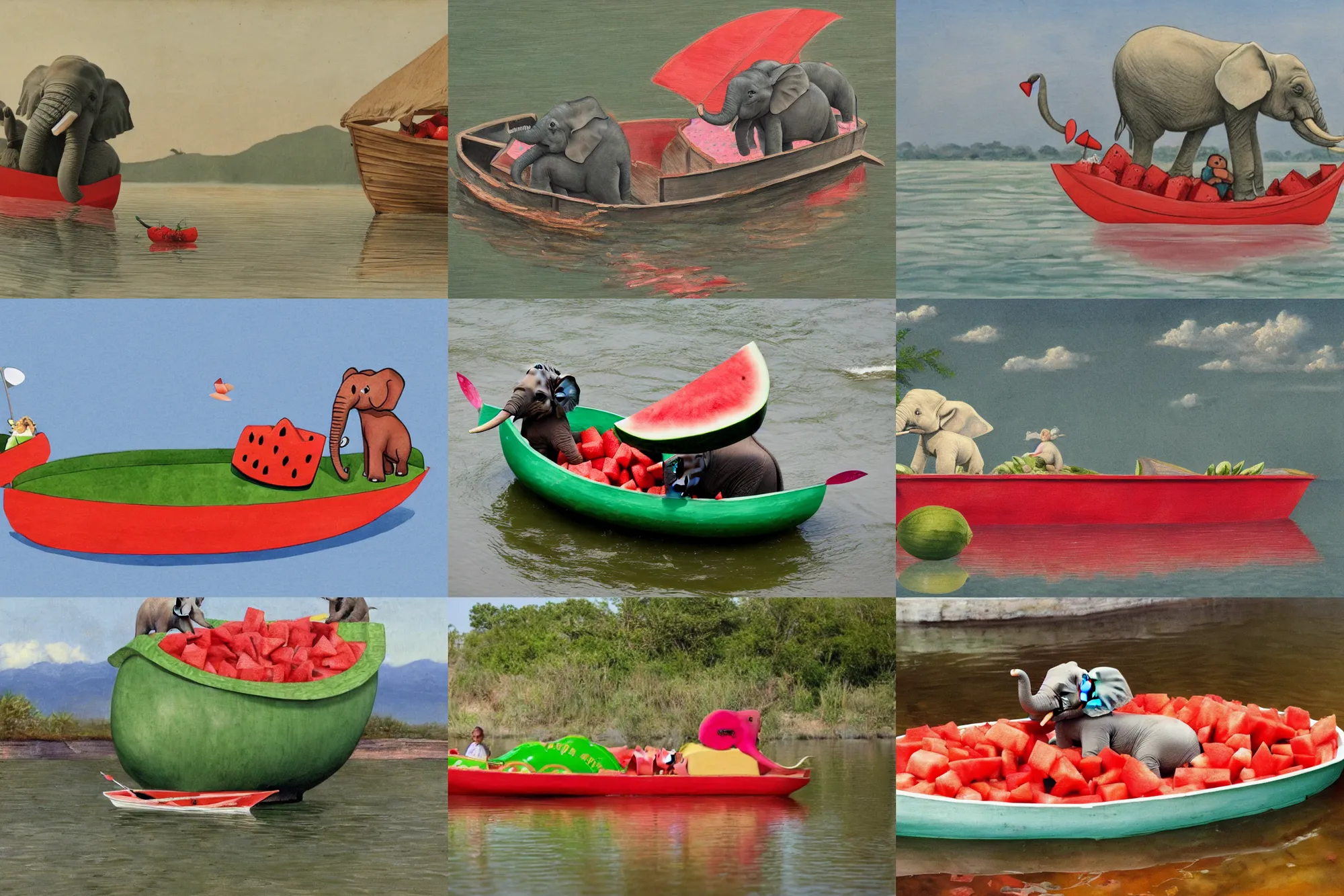 Prompt: a small elephant sits in a boat made of watermelon and floats on a river of milk