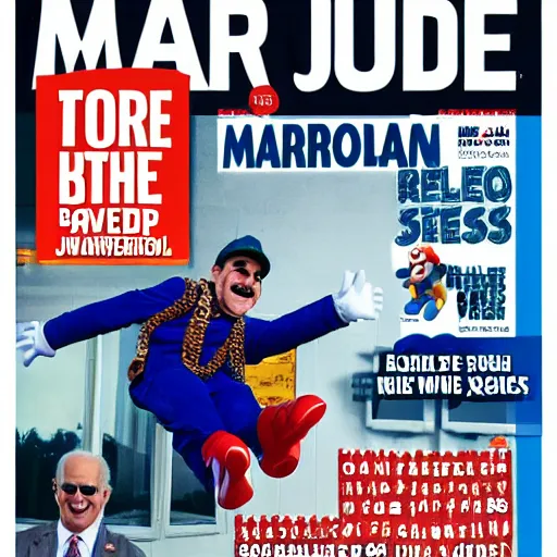 Prompt: mario jumping over Joe Biden front page award-winning