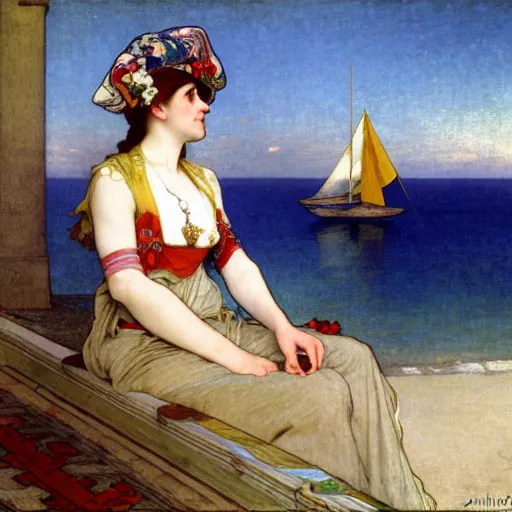 Image similar to A girl with jester hat and clothes on a greek archi circle on the front of a Balustrade with a beach and a sail boat on the background, major arcana clothes, by alphonse mucha and arnold böcklin arnold böcklin arnold böcklin, paul delaroche, hyperrealistic 8k, very detailed