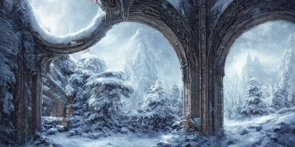 Image similar to a snowy landscape, sparse fir trees, scattered broken ancient ruin structures, giant archways, fantasy digital painting, stunning, intricate details, artwork by ross tran and artgerm