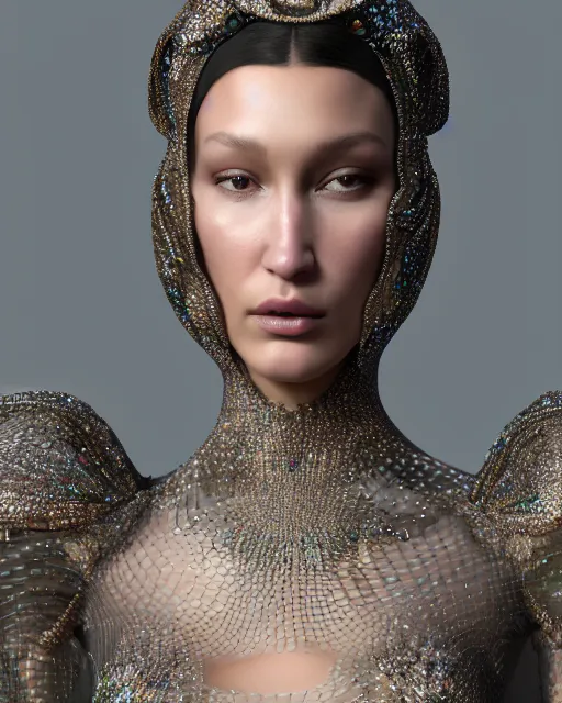 Prompt: a highly detailed metahuman 8 k close up render of bella hadid with a veil all over her face renaissance in iris van herpen dress schiaparelli in diamonds crystals swarovski and jewelry iridescent in style of alphonse mucha trending on artstation made in unreal engine 4