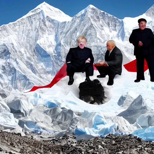 Image similar to kim jong - un, president joe biden, boris johnson, and vladimir putin enjoying earl grey tea at mount everest base camp, minimalist