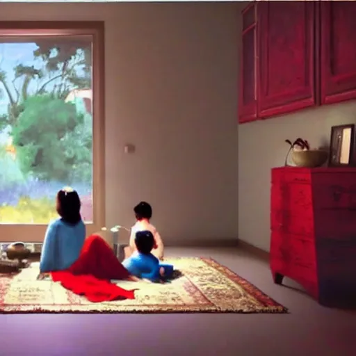 Prompt: A beautiful painting harmony of colors, simple but powerful composition. A scene of peaceful domesticity, with a mother and child in the center, surrounded by a few simple objects. Colors are muted and calming, serenity and calm. deep red, charming, YouTube by Yves Klein vfx, control the soul