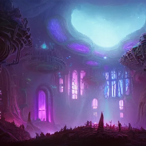 Image similar to concept art detailed painting of a dark purple fantasy fairytale fungal town made of mushrooms, with glowing blue lights, in the style of jordan grimmer and neil blevins and wayne barlowe