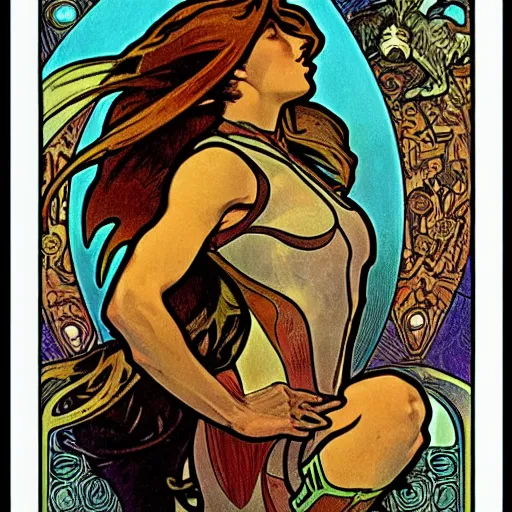 Prompt: Metroid by Alphonse Mucha, high detail, peaceful colors, tarot card